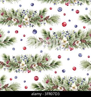 Aquarell-Weihnachtsmuster mit Kiefernzweigen, Zapfen, Blumen und Beeren isoliert. Nahtloses botanisches Winterfeiertagsdesign. Festliches Wiederholungsmuster Stockfoto