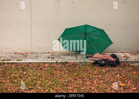 Verlassener grüner Regenschirm liegt auf dem Bürgersteig nahe einer Betonmauer an einem Herbsttag mit trockenen Blättern Stockfoto