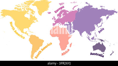 Weltkarte unterteilt in sechs Kontinente. Jeder Kontinent in einer einzigartigen Farbe. Einfache flache Vektorillustration. Nordamerika, Südamerika, Europa, Afrika, Asien und Australien deutlich beschriftet. Stock Vektor