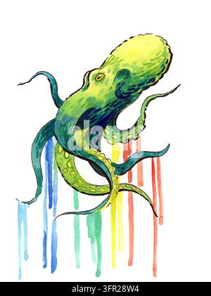 Handgezeichneter Aquarell-Grüner Oktopus mit tropfender Regenbogen-Tintenillustration auf weißem Hintergrund Stockfoto