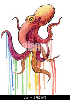 Handgezeichneter Aquarell-Oktopus mit tropfender Regenbogen-Tintenillustration auf weißem Hintergrund Stockfoto