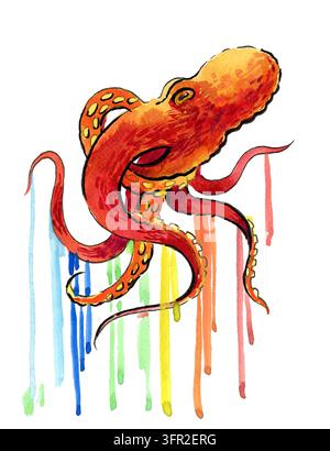 Handgezeichneter Aquarell-Oktopus mit tropfender Regenbogen-Tintenillustration auf weißem Hintergrund Stockfoto