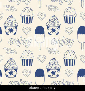 Niedliches blaues Linienmuster nahtloses Muster mit Eisbechern, Cupcakes, Eis am Stiel, Herzen und genießenden Schriftzügen. Mediterranes ästhetisches Vektordesign für Stock Vektor