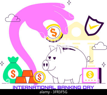 Vectorillustration zum Internationalen Banktag mit Digitaler Finanzierung, Sicheren Online-Transaktionen, Mobilem Banking und Modernen Finanzdienstleistungen Stock Vektor