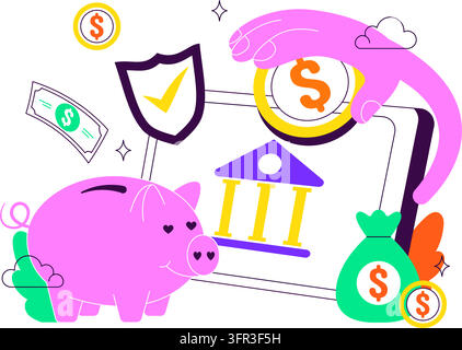 Vectorillustration zum Internationalen Banktag mit Digitaler Finanzierung, Sicheren Online-Transaktionen, Mobilem Banking und Modernen Finanzdienstleistungen Stock Vektor