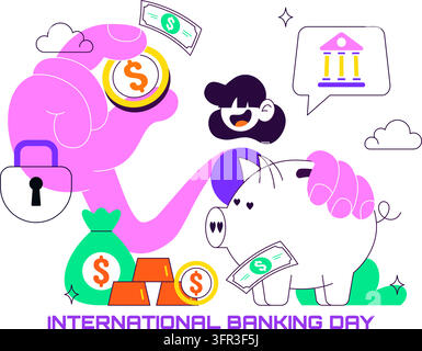 Vectorillustration zum Internationalen Banktag mit Digitaler Finanzierung, Sicheren Online-Transaktionen, Mobilem Banking und Modernen Finanzdienstleistungen Stock Vektor