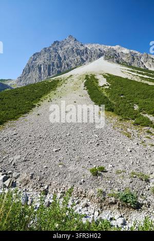 Eine Weitwinkel-, Höhenaufnahme einer ausgedehnter Geröllhalde und eines Berges mit spärlicher Vegetation unter einem klaren blauen Himmel. Stockfoto
