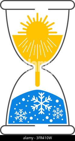 Saisonaler Klimawandel - Sanduhr mit Sonne und Schneeflocke - Symbol für Sonne und Schneeflocke - Vektor-Emblem oder Logo-Vorlage Stock Vektor