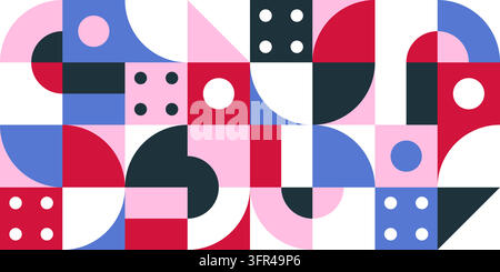Geometrisches Muster in Rosa Blau Rot mit Viertelkreisen und Punkten Vektorillustration Stock Vektor
