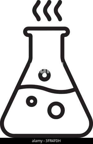 Eine Strichzeichnung-Ikone eines Erlenmeyerkolbens mit sprudelnder Flüssigkeit und aufsteigendem Dampf, die eine chemische Reaktion oder ein wissenschaftliches Experiment veranschaulicht. Stock Vektor