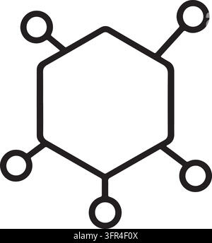 Ein einfaches Linienicon, das ein sechseckiges Molekül oder eine Netzwerkstruktur mit verbundenen Knoten auf weißem Hintergrund darstellt. Stock Vektor