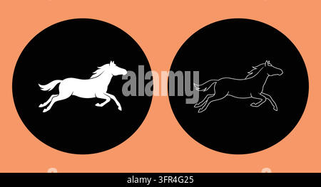 Silhouetten-Galopppferd und Linienkunst-Kreisdesign-Set Stock Vektor