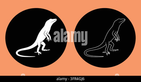 Silhouetten- und Umrissicons-Set von Eidechsen auf kreisförmigem schwarzem Hintergrund Stock Vektor