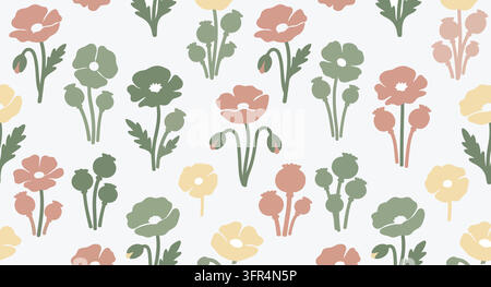 Farbenfrohes handgezeichnetes Mohnblumen-Botanical-Muster auf weißem Hintergrund Stock Vektor