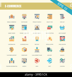 Verschiedener Satz von E-Commerce- und Online-Shopping-Flachvektorsymbolen mit Geschäft Stock Vektor