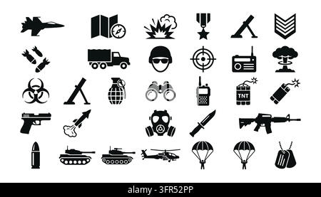 Militär- und Armee-Schwarz-Ikonen-Set auf weißem Hintergrund mit diverser Sammlung Stock Vektor