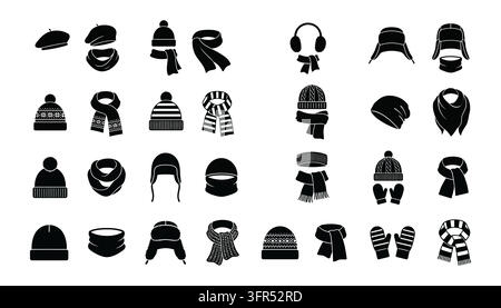 Wintermützen und warme Schals Icons Set mit gestrickten Beanies und Handschuhen Stock Vektor