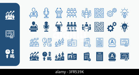 Geschäftsmeeting- und Unternehmenspräsentation-Icons in einem blauen Grafikstil Stock Vektor