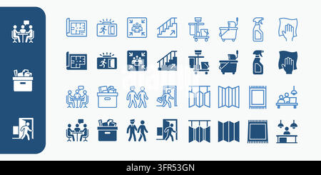 Flache Icons für Arbeitsplatzorganisation und Reinigungsausrüstung in Blau und Weiß Stock Vektor