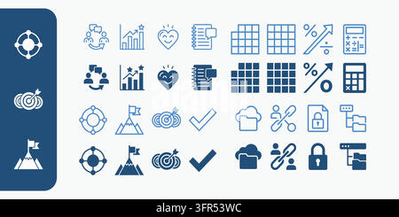 Satz von Unternehmensgeschäftsstrategie-Ikonen im flachen blauen Stil mit Symbol Stock Vektor