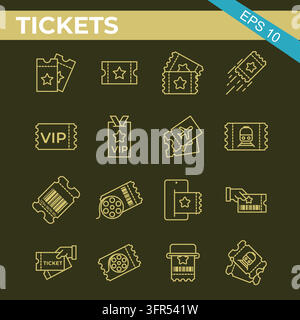 Sammlung von Ticket- und Event-Zugangszeilen-Icons auf dunklem Hintergrund Stock Vektor