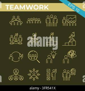 Berufsteamarbeit und Unternehmenskollaboration Linienicons-Set mit Kunst Stock Vektor