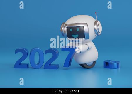 Jahr 2027 in drei Dimensionen mit süßem Roboter auf blauem Hintergrund. Neujahrskonzept. 3D-Illustration. Stockfoto