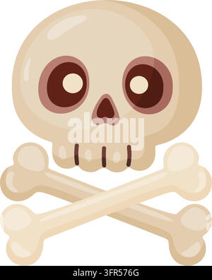 Niedliche Totenkopf- und Knochenkreuz-Vektorillustration im handgezeichneten trendigen Stil. Lächelndes, freundliches gruseliges Skelett-Charakter, perfekt für Kinder-Halloween-Partys Stock Vektor