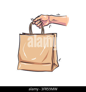 Farbenfrohe handgezeichnete Vektorillustration einer menschlichen Hand, die eine braune Kraftpapiertüte für den Lebensmitteleinkauf trägt. Ausgezeichnet für umweltfreundliche Verpackungen, Lebensmitteleinkauf Stock Vektor