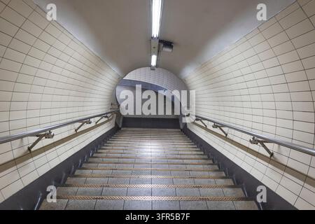 Ein leerer Fußgängertunnel in einer U-Bahn-Station mit weiß gekachelten Wänden, Metallgeländern und Betontreppen, die unter Leuchtstofflampen hinunterführen Stockfoto