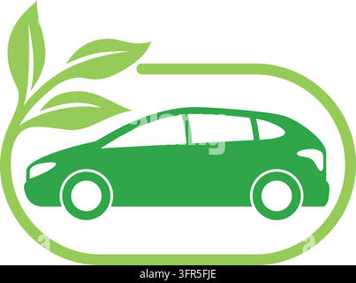 Grünes Auto mit Pflanzenblättern, Symbol für Elektrofahrzeug, Ökotransport und nachhaltige Mobilität Stock Vektor