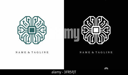 Künstliche Intelligenz Gehirn Logo Design mit Mikrochip-Schaltung Stock Vektor