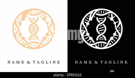 Kreisrundes DNA-Doppelhelix-Logo-Designkonzept mit organischem Astrahmen Stock Vektor