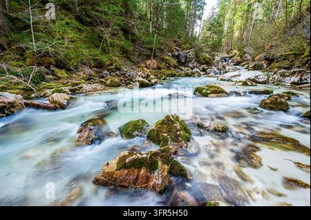 Klarer Gebirgsbach mit moosigen Felsen und fließendem Wasser in einem bewaldeten Tal bei Berchtesgaden, Bayern. Das Tageslichtbild mit langer Belichtung wird angezeigt Stockfoto