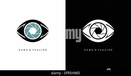 Logo-Design eines menschlichen Auges, integriert mit der Blendenöffnung einer Kameralinse Stock Vektor