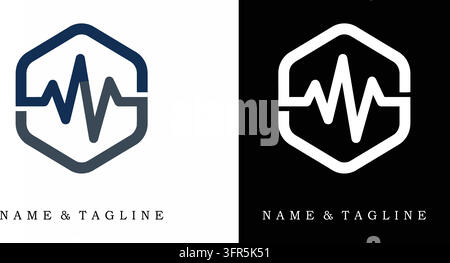 Hexagon-Soundwellen-Herzfrequenz-Audioimpuls-Logo-Vorlage mit Frequenz Stock Vektor