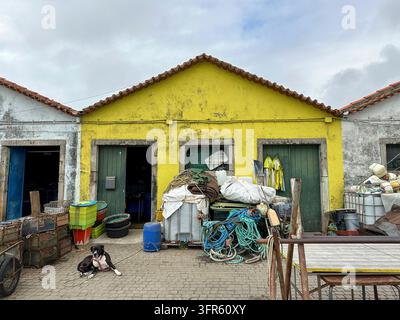 Das Bild zeigt ein authentisches Detail aus dem Fischerhafen von Viana do Castelo mit bunten Fallen, Netzen, Seilen und wetterfesten Arbeitskleidern im Vordergrund Stockfoto