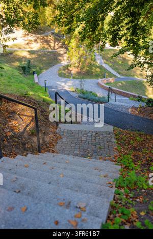 Von oben Blick über eine Steintreppe und geschwungene Wege in einen baumbewachsenen Park, Calw Stadtgarten, Schwarzwald, Deutschland Stockfoto
