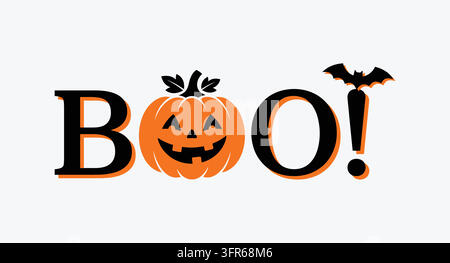 Fröhliches Halloween-Worttextdesign mit geschnitztem Jack-o-Laternen-Kürbis und fliegendem Stock Vektor