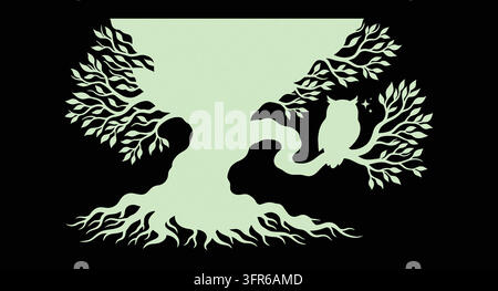 Ausladender Baum mit tiefen Wurzeln und üppigem Laub Illustration botanisch Stock Vektor