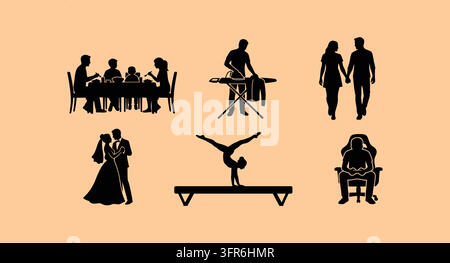 Sammlung von schwarzen Silhouetten, die Familienessen und das Alltagsleben zeigen Stock Vektor