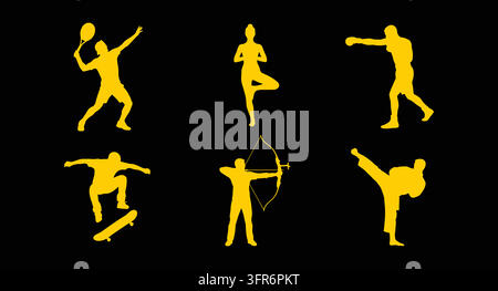 Gelbe athletische Silhouette-Set, das Tennis, Yoga, Boxen, Skateboarding zeigt Stock Vektor