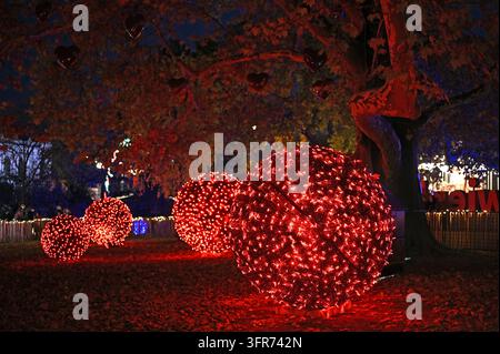 Ein fesselnder Abendfoto fängt die magische Urlaubsstimmung im Rathauspark in Wien, Österreich, während des jährlichen Winterfestes ein. Im Stockfoto