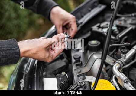 Eine Person hält in einer Hand eine Automobil-Halogen-Glühbirne, während sie das offene Motorraum eines Autos im Freien inspiziert. Die detaillierte Nahaufnahme Stockfoto