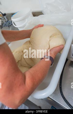 Person arbeitet an einem großen Teig in einer Wanne, backt Brot, Haselstaller Hof, Wildberg, Schwarzwald, Deutschland Stockfoto