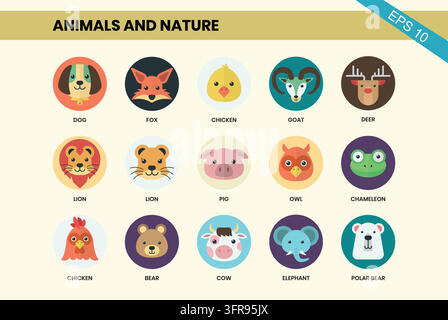 Niedliches Cartoon-Tiergesicht-Icons-Set mit verschiedenen Wildtierarten Stock Vektor