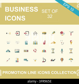 Satz von zweiunddreißig allgemeinen Geschäfts- und Kommunikations-Flach-Icons mit UI-Design Stock Vektor