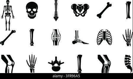 Sammlung von menschlicher Knochen- und Gelenk Anatomie in schwarzer Silhouetten-Stil mit Röntgenbild Stock Vektor
