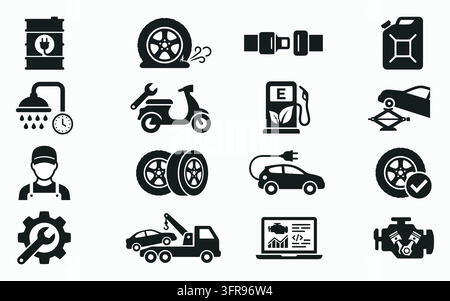 Automobil-Service- und Autoreparatur-Symbole mit Fahrzeugwartung Stock Vektor