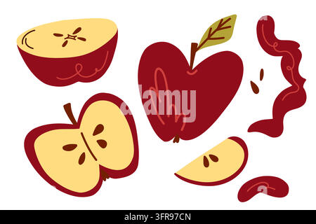 Rote Äpfel, Apfelscheiben und Samen in einer kräftigen handgezeichneten Obstillustration, süße Herbstnahrungsmittel-Kunst für Rezeptbücher, gesunde Ernährungsprojekte, Lebensmittel Stock Vektor